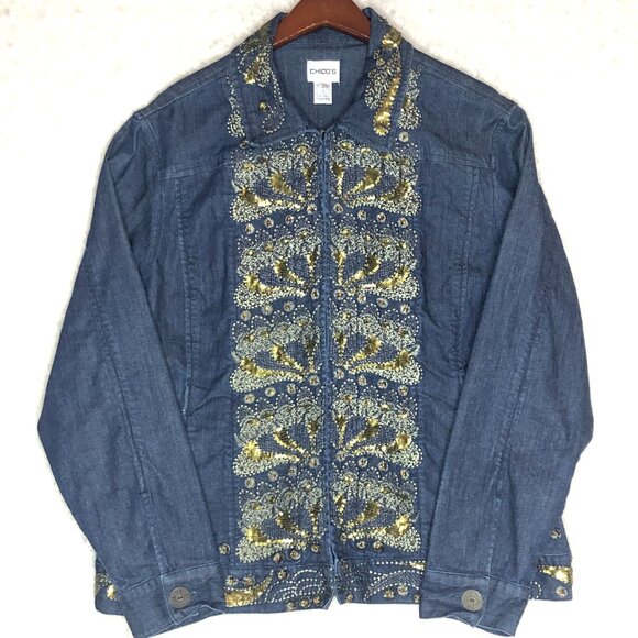 Vintage Chico's Embellished‎ Beaded Denim Sequence Embroidery Jacket Size 3 - Picture 1 of 7